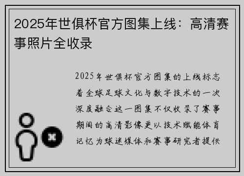 2025年世俱杯官方图集上线：高清赛事照片全收录